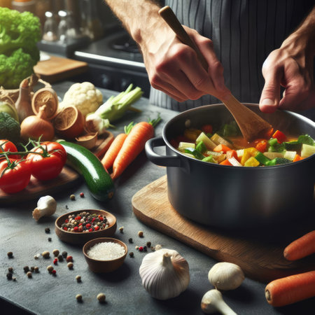 Man cooking soup in kitchen at home. Food and health concept.の素材