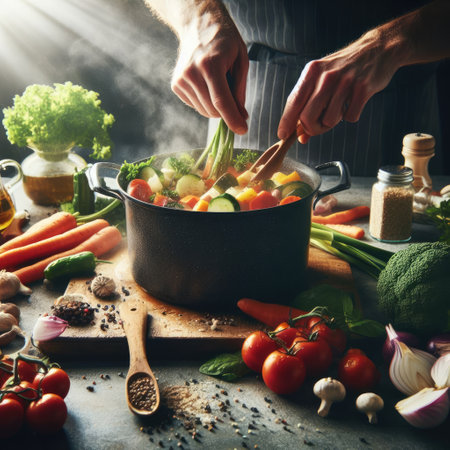 Cooking with fresh vegetables in pot on kitchen table. Chef's hands preparing food.の素材