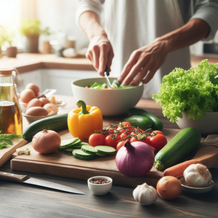 Cooking - chef's hands preparing vegetable vegetarian stew (thick soup). Kitchen scenery - pot with recipe ingredients around on the grey stone worktop captured from above (top view, flat lay).の素材