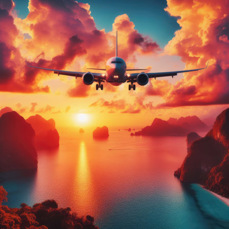 Airplane flying above tropical sea at sunset.の素材