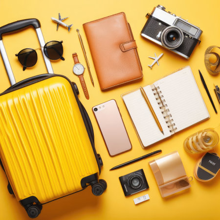 photo of yellow suitcase with traveler accessories on yellow background. birds eye view.の素材