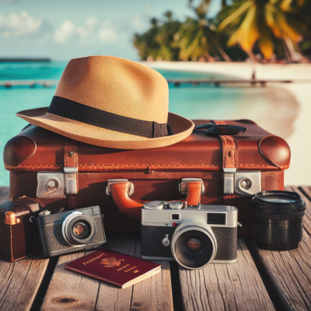 Vintage suitcase, hipster hat, photo camera and passport on wooden deck. Tropical sea, beach and palm three in background. Summer holiday traveling design concept.の素材