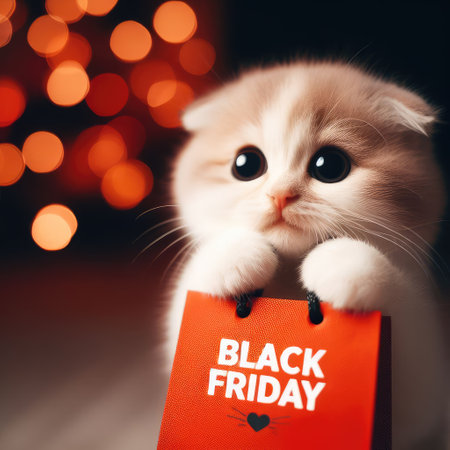 Pug puppy hugs kitten and holds shopping bag with black friday text. isolated on white background.の素材