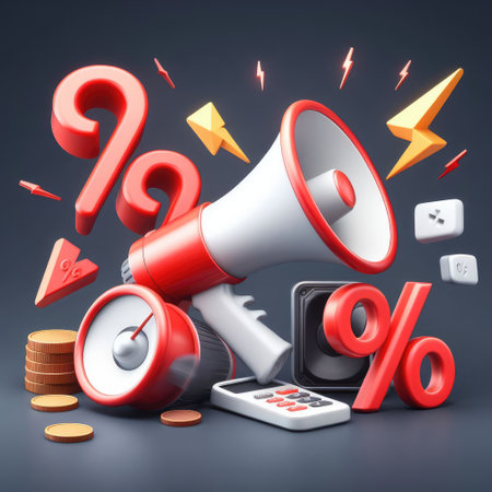 Black Friday sign realistic 3d cartoon style elements, red megaphone, loudspeaker with lightning, percent symbols.の素材