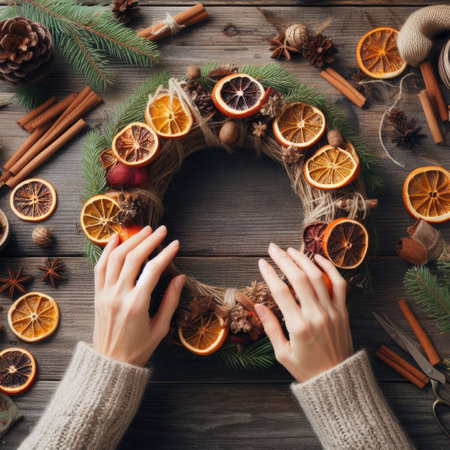 Process of making christmas wreath with natural zero waste ingredients such as dried oranges, dried orange slices, pine cones, cinnamon sticks, eco friendly xmas, on rustic wooden table.の素材