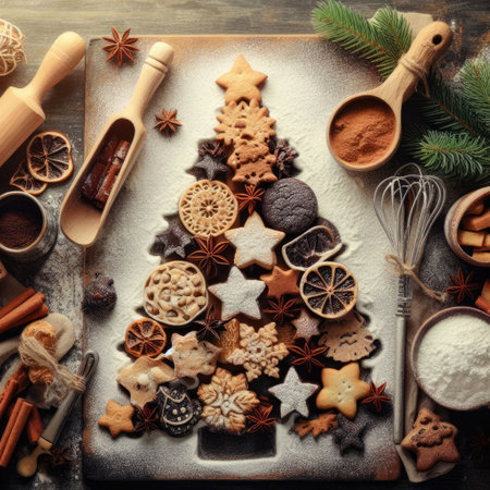 Christmas baking background with fir tree made from kitchen utensils, cookies, spices, cinnamon sticks, anise stars on rustic baking tray, top viewの素材
