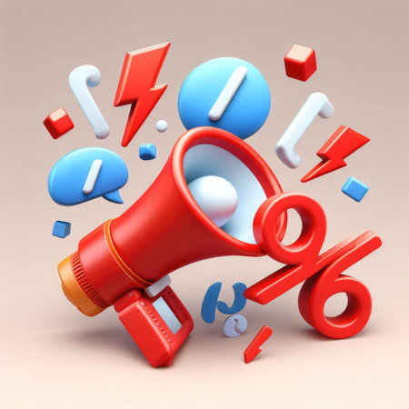 Black Friday sign realistic 3d cartoon style elements, red megaphone, loudspeaker with lightning, percent symbols.の素材