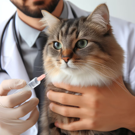 Vet examining dog and cat. Puppy and kitten at veterinarian doctor. Animal clinic. Pet check up and vaccination. Health care.の素材