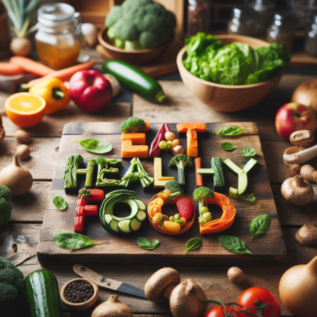 Words: Eat healthy food. made with organic vegetables and fruits on wooden rustic table.の素材