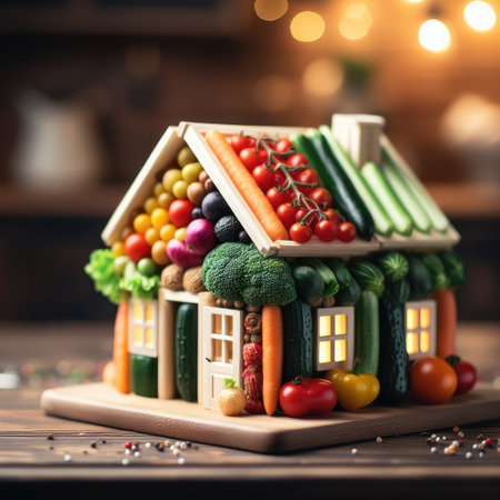 photo of house made of vagetables. macro close up lens with kitchen bokeh on background.の素材