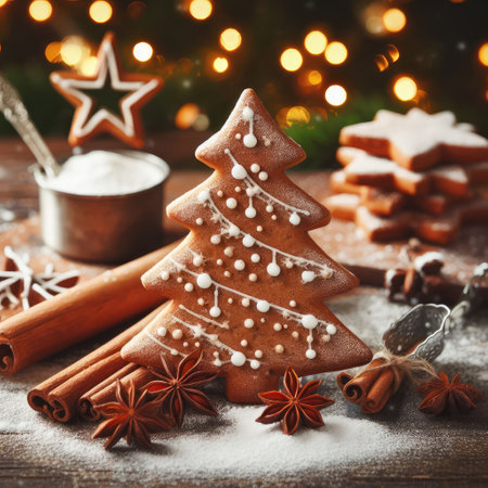 Festive Homemade Gingerbread Tree on Vintage Wooden Background with Spices and Decorations. Cozy Christmas Baking Scene in Macro View.の素材