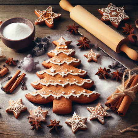 Festive Homemade Gingerbread Tree on Vintage Wooden Background with Spices and Decorations. Cozy Christmas Baking Scene in Macro View.の素材