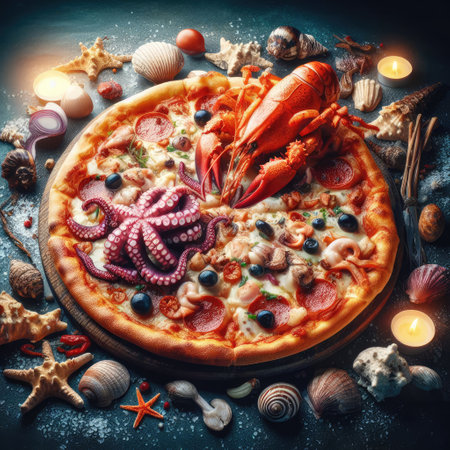 pizza with salmon and mussels on a light background, Mediterranean cuisine, Restaurant menu, dieting, cookbook recipe top view,の素材