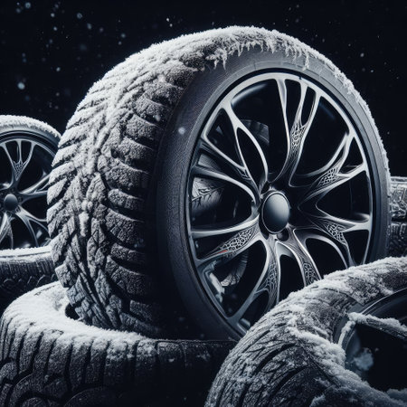 new tire with modern tread on black background brightly lit from above.の素材