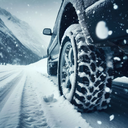 close up different winter tires on a snowy road in the mountains - snow storm.の素材