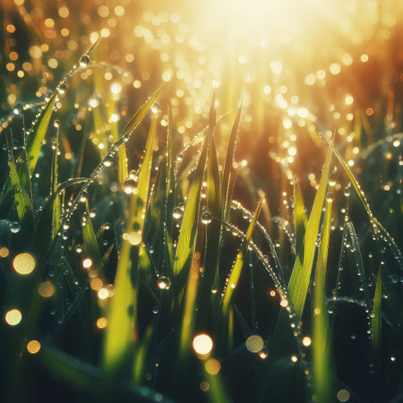 morning dew drops glistening in the sunshine of the grass.の素材