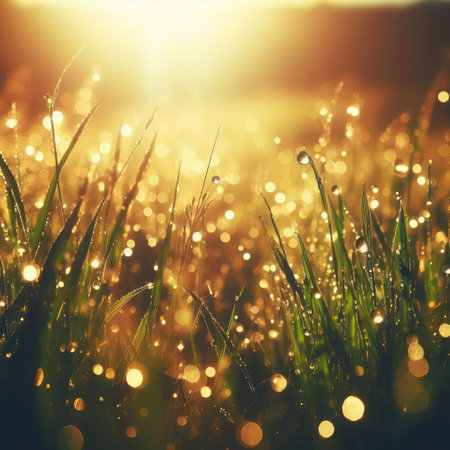 morning dew drops glistening in the sunshine of the grass.の素材