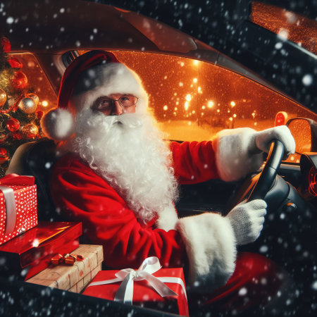 Christmas is coming. Santa Claus on car delivering New Year gifts and Christmas tree.の素材