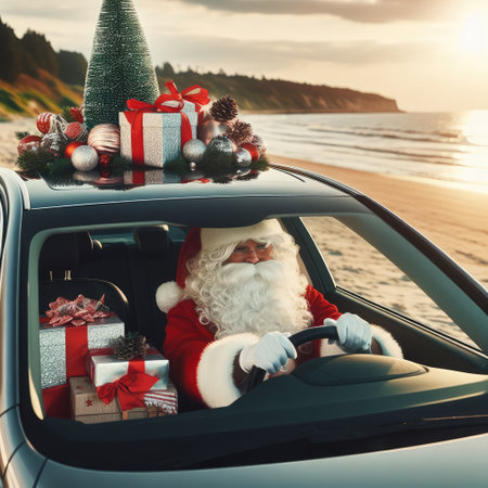 Christmas is coming. Santa Claus on car delivering New Year gifts and Christmas tree.の素材