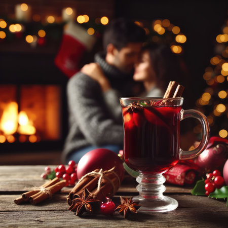 Christmas traditional mulled wine on a wooden table against Christmas tree, fireplace and loving couple on background. macro lens with bokehの素材