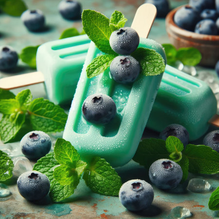 Homemade strawberry cherry banana blueberry ice cream or popsicles decorated green mint leaves on teal rustic table, frozen fruit juice, vintage style, top viewの素材