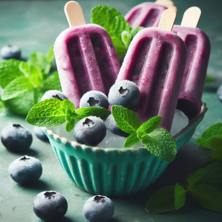 Homemade strawberry cherry banana blueberry ice cream or popsicles decorated green mint leaves on teal rustic table, frozen fruit juice, vintage style, top viewの素材