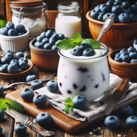 Blueberry yogurt served with fresh blueberries and mint leaves.の素材