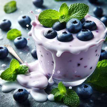 Blueberry yogurt served with fresh blueberries and mint leaves.の素材