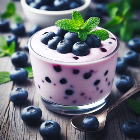 Blueberry yogurt served with fresh blueberries and mint leaves.の素材
