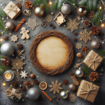 Christmas background with fir twigs, red berries, cones and Xmas lights on dark abstract background with plenty of text spaceの素材