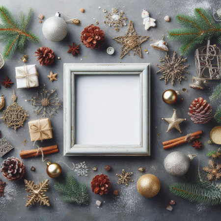 Christmas background with fir twigs, red berries, cones and Xmas lights on dark abstract background with plenty of text spaceの素材