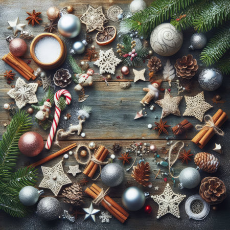 Christmas background with fir twigs, red berries, cones and Xmas lights on dark abstract background with plenty of text spaceの素材