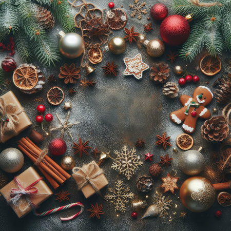 Christmas background with fir twigs, red berries, cones and Xmas lights on dark abstract background with plenty of text spaceの素材