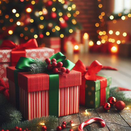 Luxury New Year gifts, different present boxes under Christmas tree in holiday eve, Christmastime celebration, home decorated with festive shiny balls, magic nightの素材
