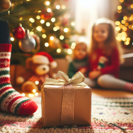 Merry Christmas and Happy Holidays! Cheerful cute childrens girls opening gifts. Kids wearing pajamas having fun near tree in the morning. Loving family with presents in room.の素材