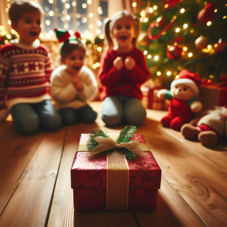 Merry Christmas and Happy Holidays! Cheerful cute childrens girls opening gifts. Kids wearing pajamas having fun near tree in the morning. Loving family with presents in room.の素材