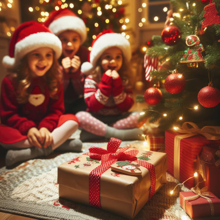Merry Christmas and Happy Holidays! Cheerful cute childrens girls opening gifts. Kids wearing pajamas having fun near tree in the morning. Loving family with presents in room.の素材