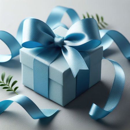Close-up of open gift box against light blue background. Blue gift ribbon with a bow against a gray backgroundの素材