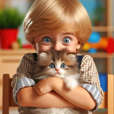 Cute little boy with kitten in hanging chair at home. Childhood petの素材