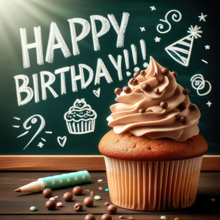 Birthday cupcake in front of a chalkboard. words HAPPY BIRTDAY!!! on chalk board. Macro lensの素材