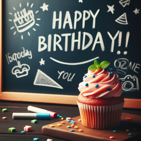 Birthday cupcake in front of a chalkboard. words HAPPY BIRTDAY!!! on chalk board. Macro lensの素材