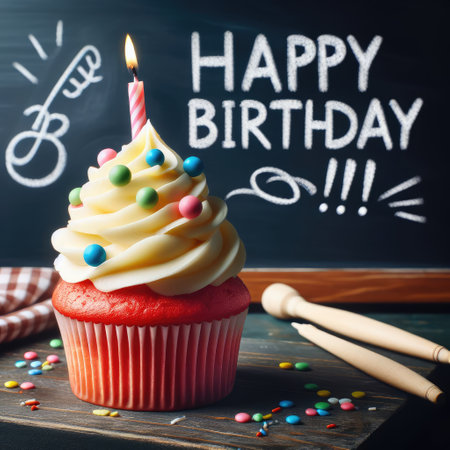 Birthday cupcake in front of a chalkboard. words HAPPY BIRTDAY!!! on chalk board. Macro lensの素材