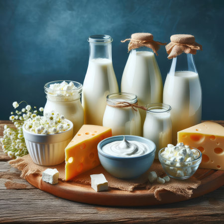 close up photo of Different milk products: cheese, cream, milk, yoghurt. On a blue background on rustic wooden table front view.の素材