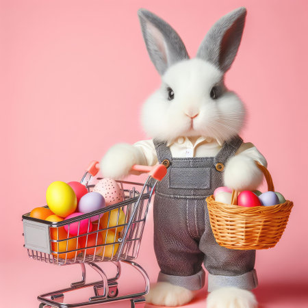 White Easter bunny rabbit with shopping basket and painted eggs on blue and pink background.の素材