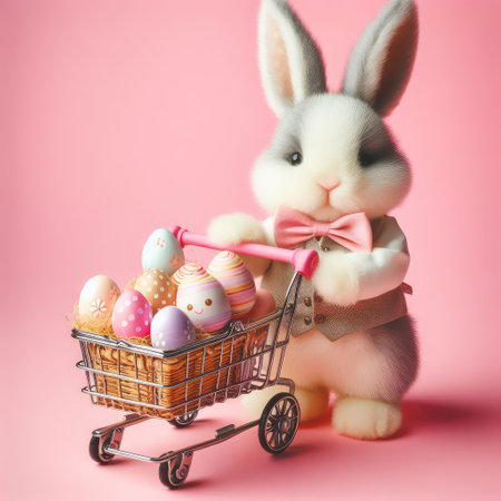 White Easter bunny rabbit with shopping basket and painted eggs on blue and pink background.の素材