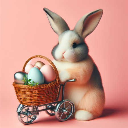 White Easter bunny rabbit with shopping basket and painted eggs on blue and pink background.の素材
