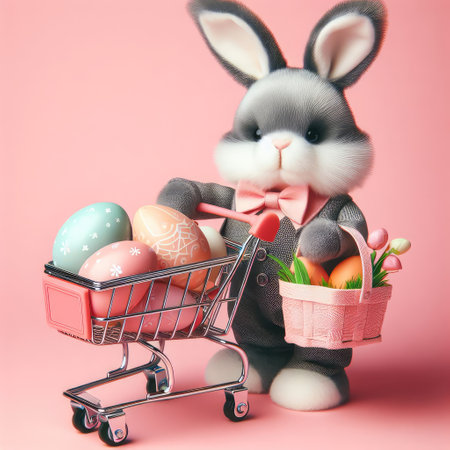 White Easter bunny rabbit with shopping basket and painted eggs on blue and pink background.の素材