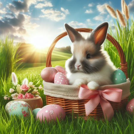 Easter bunny on a beautiful spring meadow with dandelions in front of a basket with Easter eggs children in the background coming on an Egg hunt..の素材