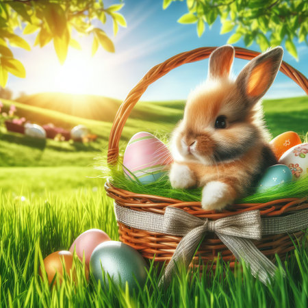 Easter bunny on a beautiful spring meadow with dandelions in front of a basket with Easter eggs children in the background coming on an Egg hunt..の素材