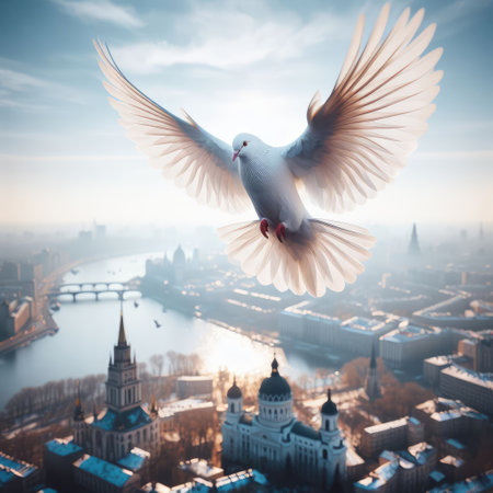Motion Blur of Dove fly in the air with wings wide over building, peace and freedom over big city conceptの素材